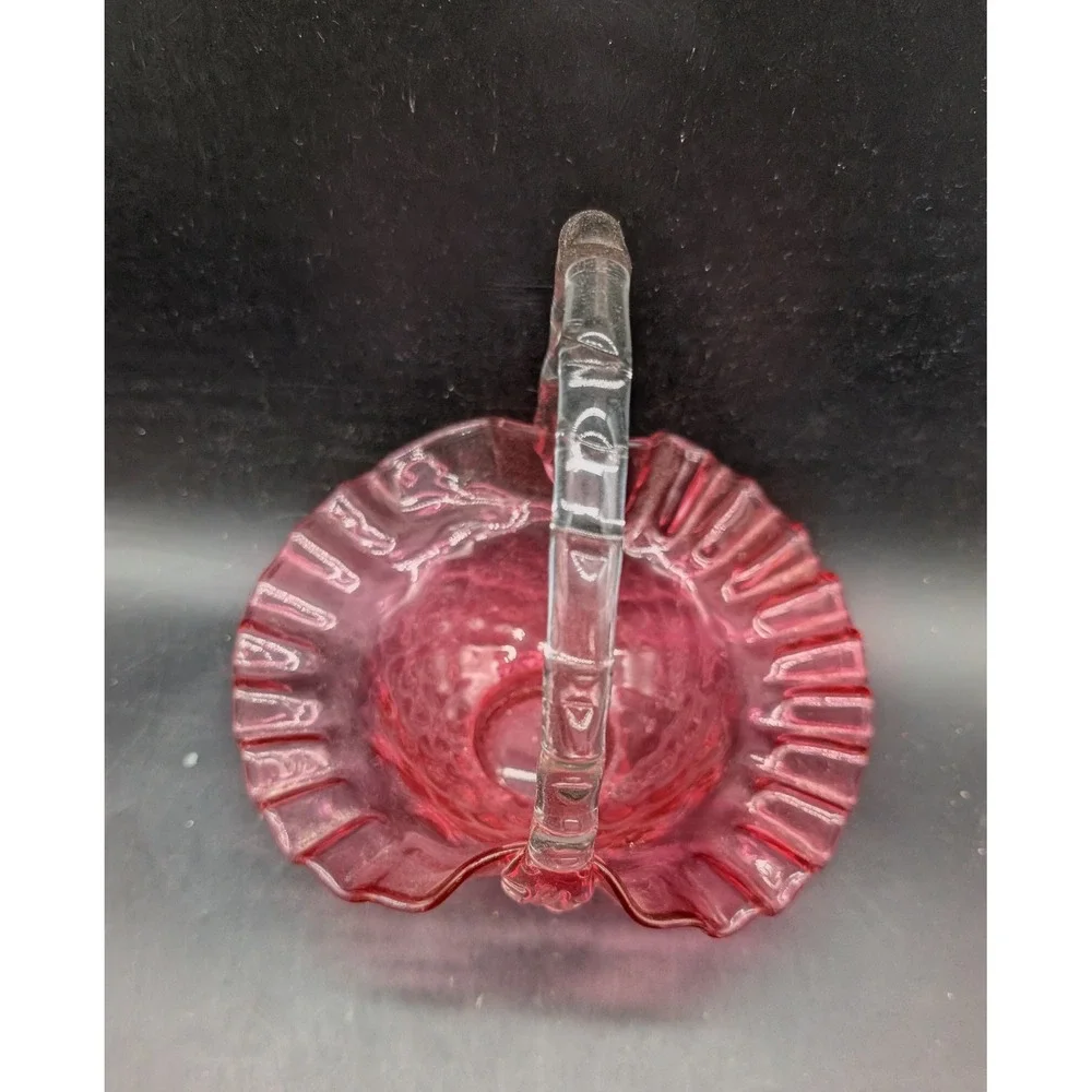 Vintage Cranberry Glass Basket Diamond Quilt Ruffled Rim Clear Thorn Handle Pink